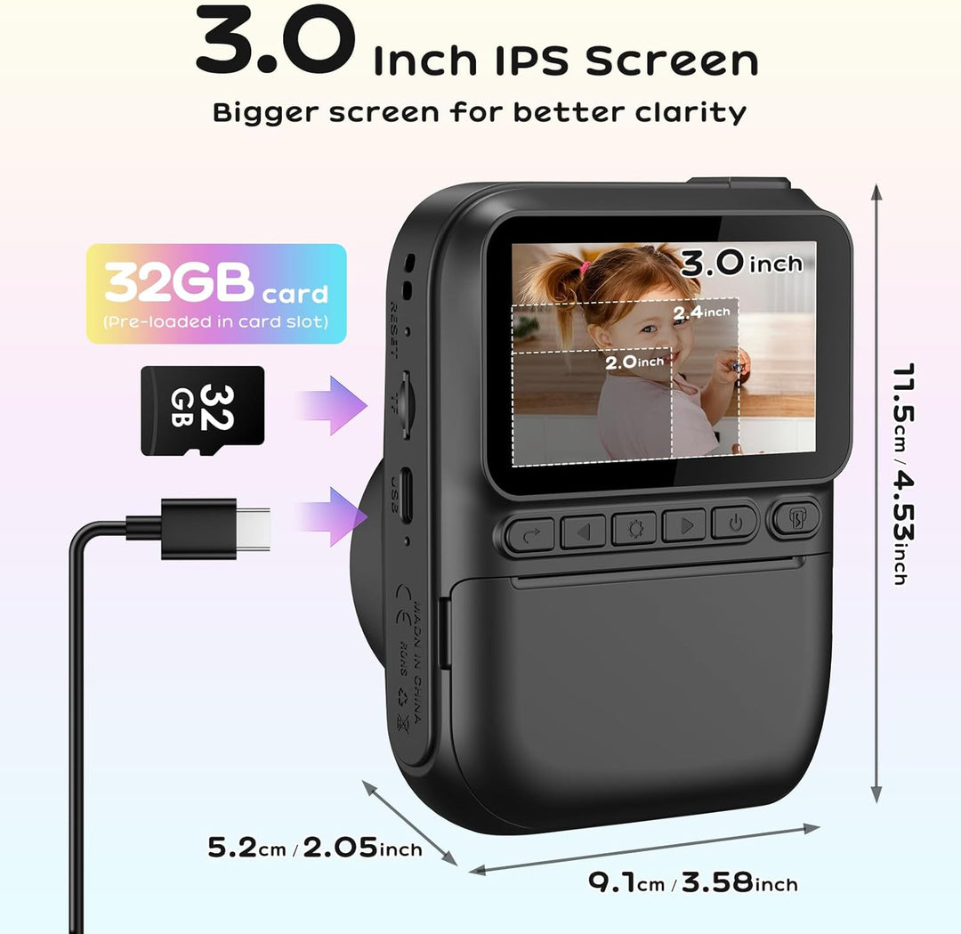 Sofortbildkamera Kinder,14MP 3.0 Zoll Bildschirm Kinderkamera Sofortbildkamera mit 32G Karte, 1080P