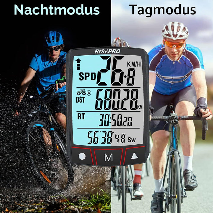 RISEPRO Fahrradcomputer, kabellos, wasserdicht, multifunktional, mit LCD-Display mit Hintergrundbele
