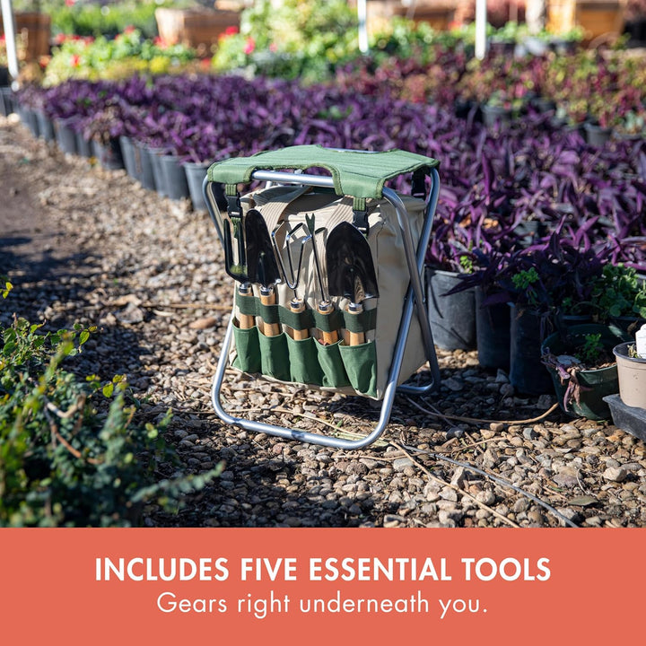 Picnic TIME ONIVA - a Brand Gardener 5-Piece Garden Tool Set with Tote and Folding Seat Olivgrün mit