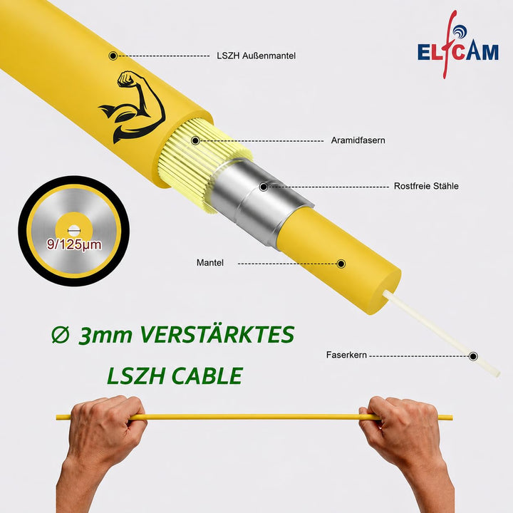 Elfcam® - 100m Glasfaserkabel LC/APC auf LC/APC Simplex Singlemode 9/125µm LSZH, FTTH LWL Patchkabel