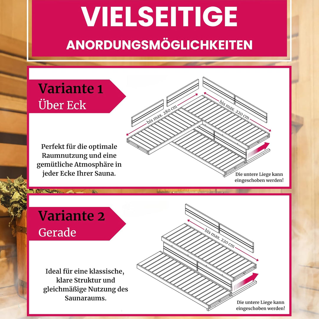 Suleno® Sauna Zubehör – Saunaliege Holz aus Hemlock, kürzbar, astarm – Saunabank LARVIK in 3 Grössen