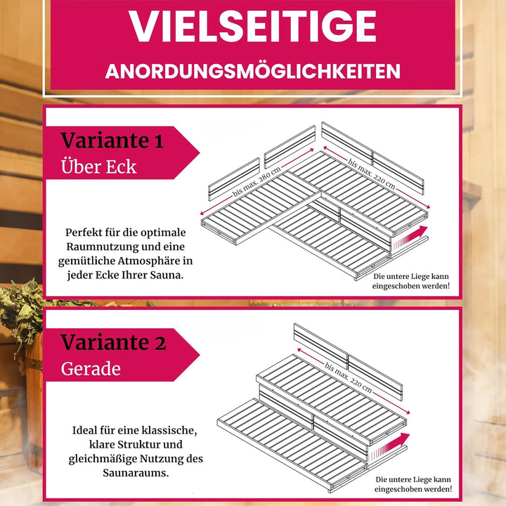 Suleno® Sauna Zubehör – Saunaliege Holz aus Hemlock, kürzbar, astarm – Saunabank LARVIK in 3 Grössen