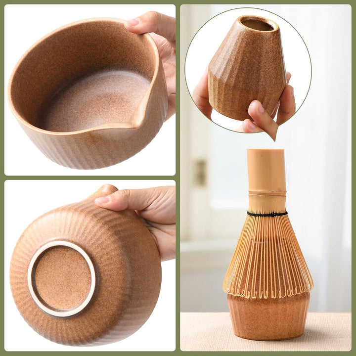 Matcha Set Premium 7-teilig Keramik: Matcha Schale, Bambus Besen (Chasen),Teebesenbasis，Teelöffel, S