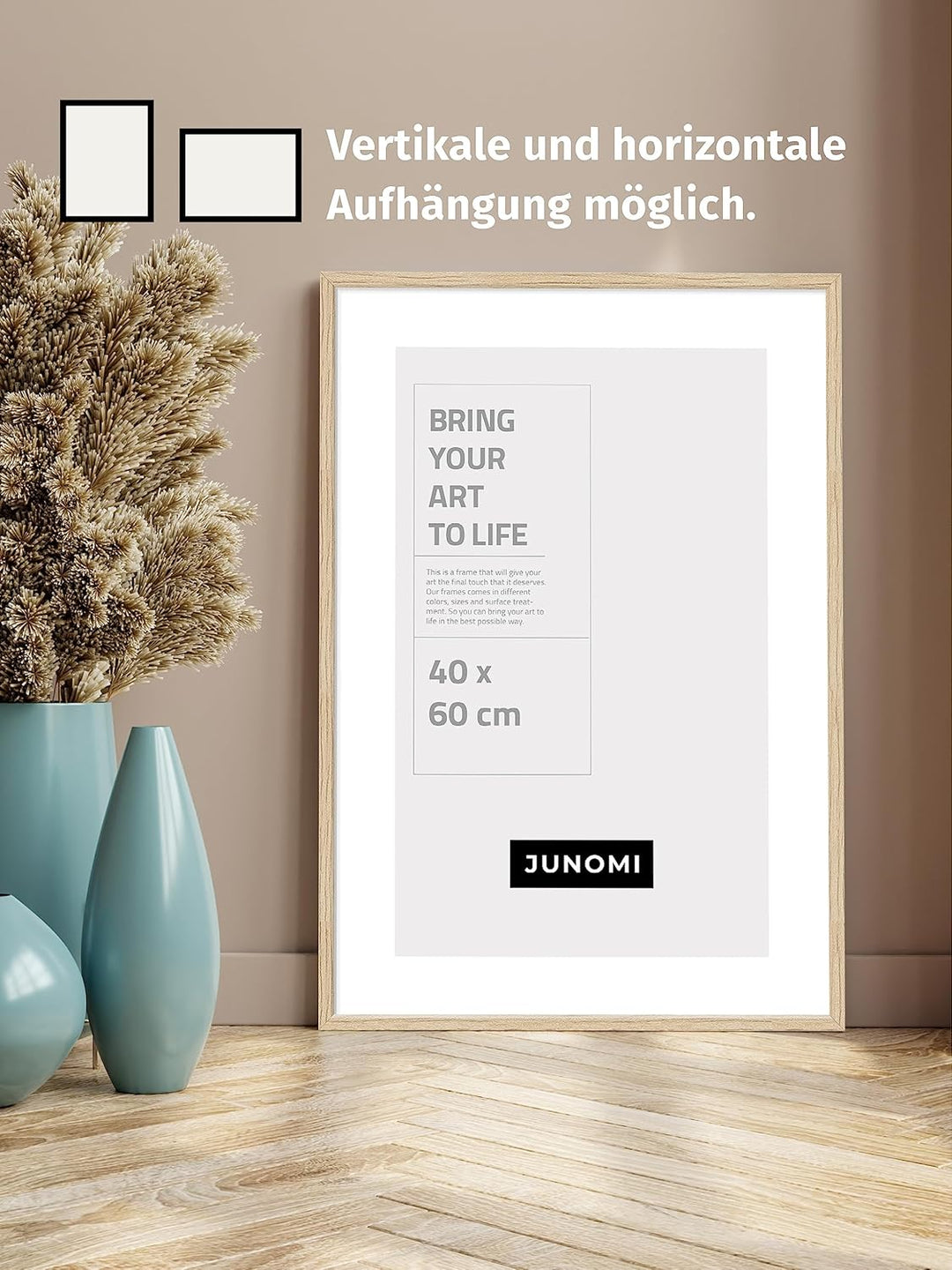 JUNOMI® Bilderrahmen 40 x 60 cm Holz | Farbe Eiche | Bilderrahmen Eiche mit bruchsicherem Acryl-Glas