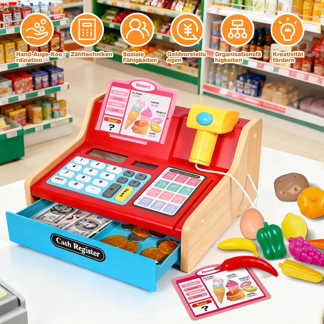 Kasse Kinder Holz mit Scanner und Sound, Spielkasse Kinder Set für Jungen Mädchen ab 3-6 Jahren, Ele
