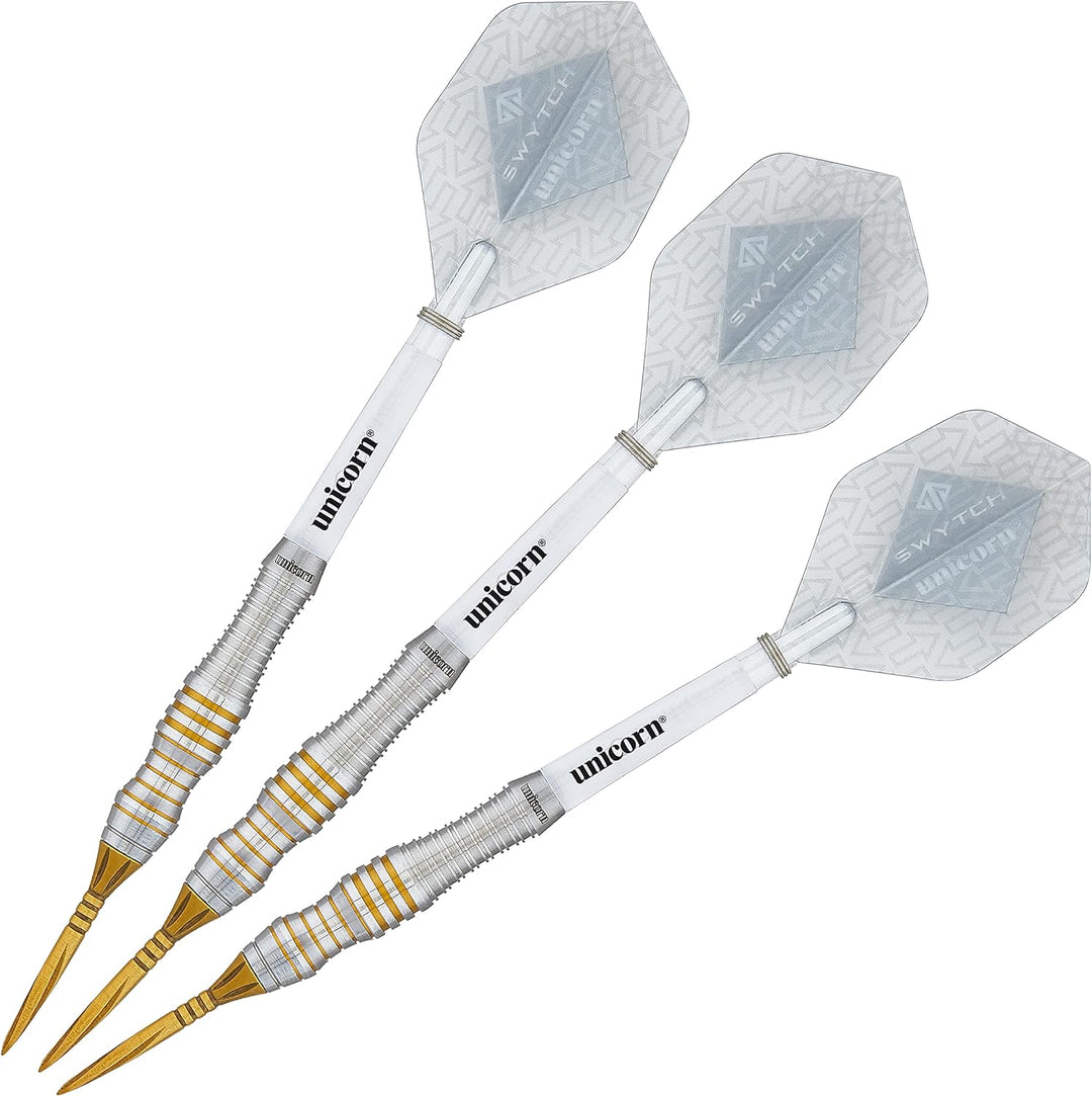 Unicorn Steel Tip Darts Set | Swytch | 80% Natural Tungsten Barrels with Black, Blue, Golden or Ross