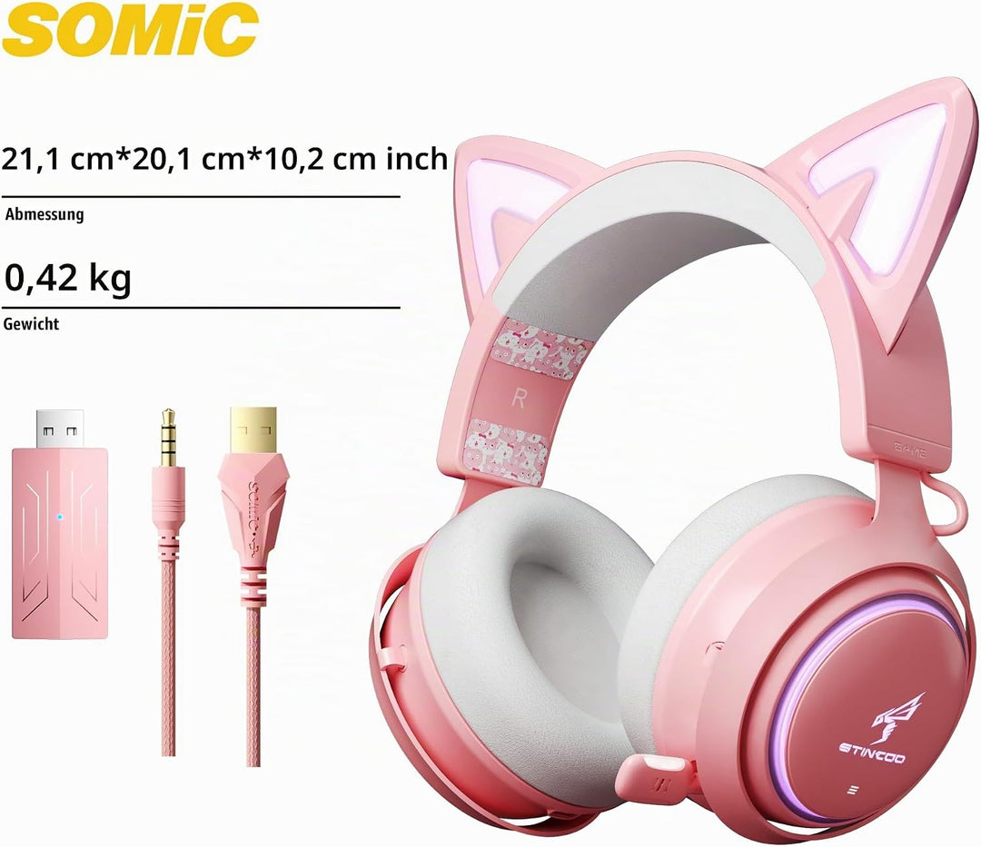 SOMIC Cat Ear Kopfhörer, 2.4GHz Wireless Gaming Headset für PS4/5, PC, Bluetooth Headset für Smartph