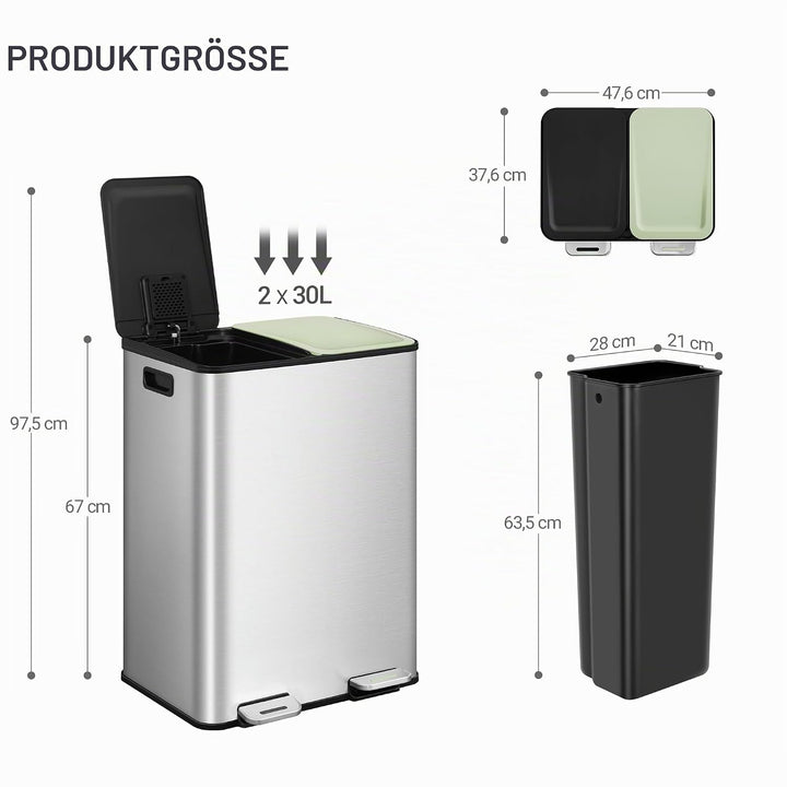 Hzuaneri Mülleimer Küche, 2 x 30 L, Mülltrennsystem 2 Fächer, Mülleimer mit Farbigem Soft-Close-Deck
