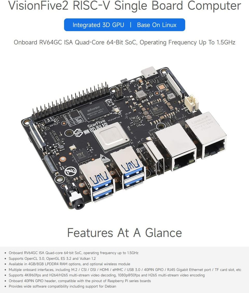 Waveshare VisionFive2 RISC-V Single Board Computer, StarFive JH7110 Processor, with Integrated 3D GP