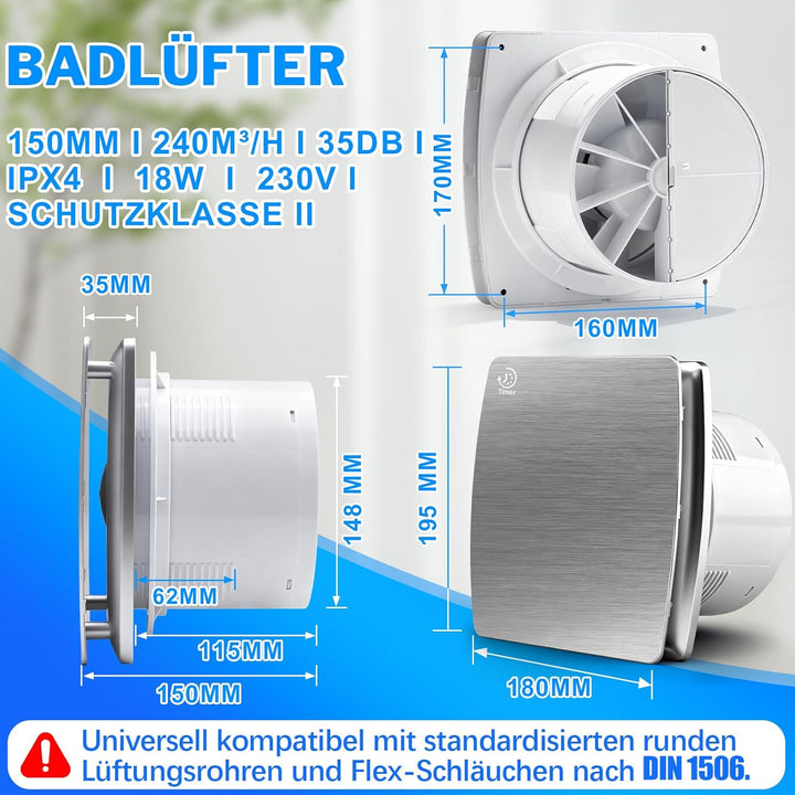 Ø150mm Badlüfter mit Nachlauf [18W - IPX4 - 35db - 240m³/h] Leiser Abluftventilator mit Rücklaufklap