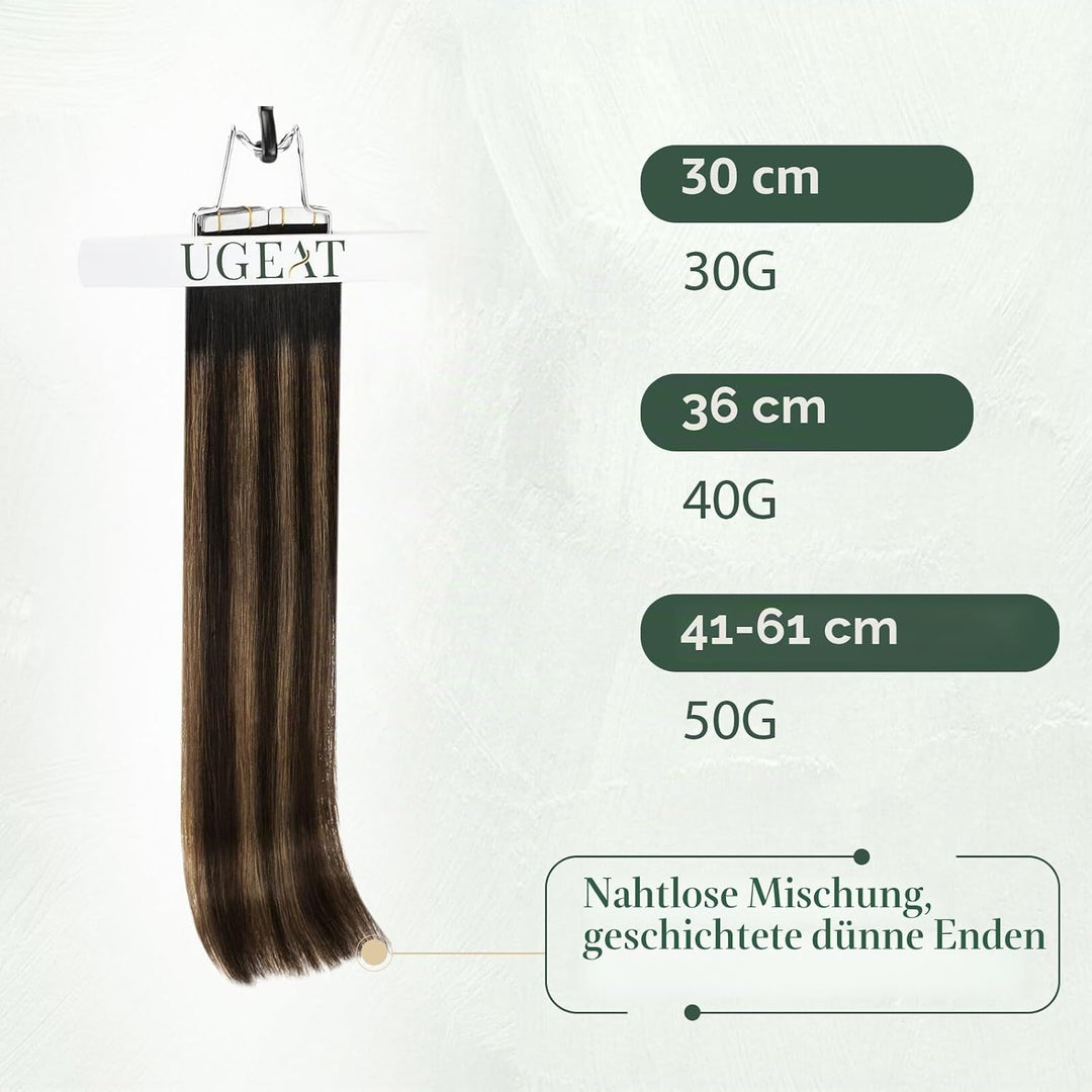 Ugeat Haarextension Tape in Echthaar 55cm Tapes in Echthaar Extension Balayage Schwarz zu Karamell B