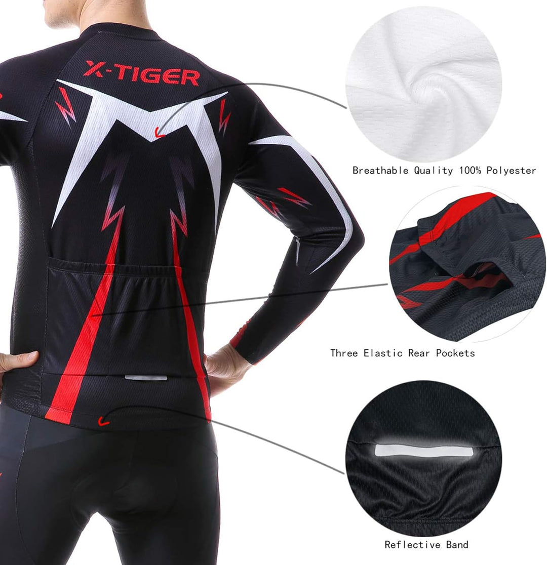 X-TIGER Herren Langarm Radtrikot Set Winter Radsportanzüge mit 5D Gel Gepolsterten Trägerhosen Herbs