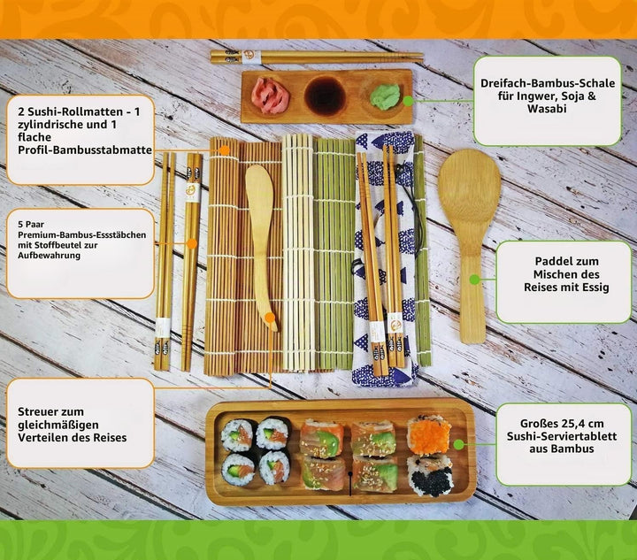 Sushi Maker Kit 11-teilig - Bambus Sushi Set Rollmatte und Servierset für Anfänger - 2 Matten, 5 Paa