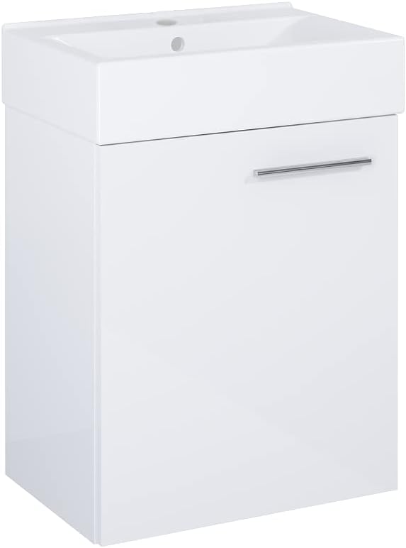 VBChome Badmöbel Set 45 cm Weiss Waschbecken mit Hängeschrank Weiss mit Armantur Chrom Waschtisch 1-