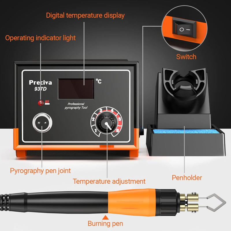 Preciva Brandmalstation,937D Brandmalerei Set Digitalanzeige Pyrographie-Lötstation,Temperaturbereic