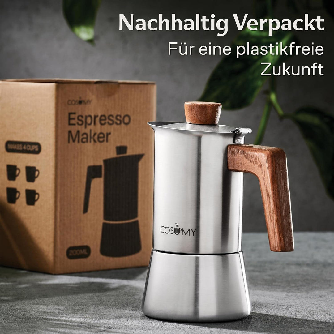 Cosumy Espressokocher Induktion für alle Herdarten geeignet 4 Tassen - Mokkakanne Edelstahl & FSC Ei
