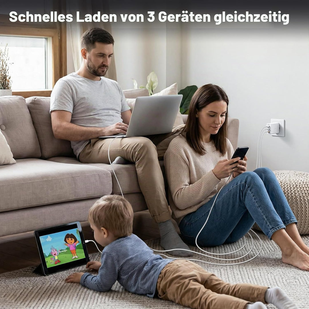 100W USB C Ladegerät, 3-Port GaN Schnellladegerät mit USB C &amp; Lightning Kabel Mehrfach Ladegerät Kom