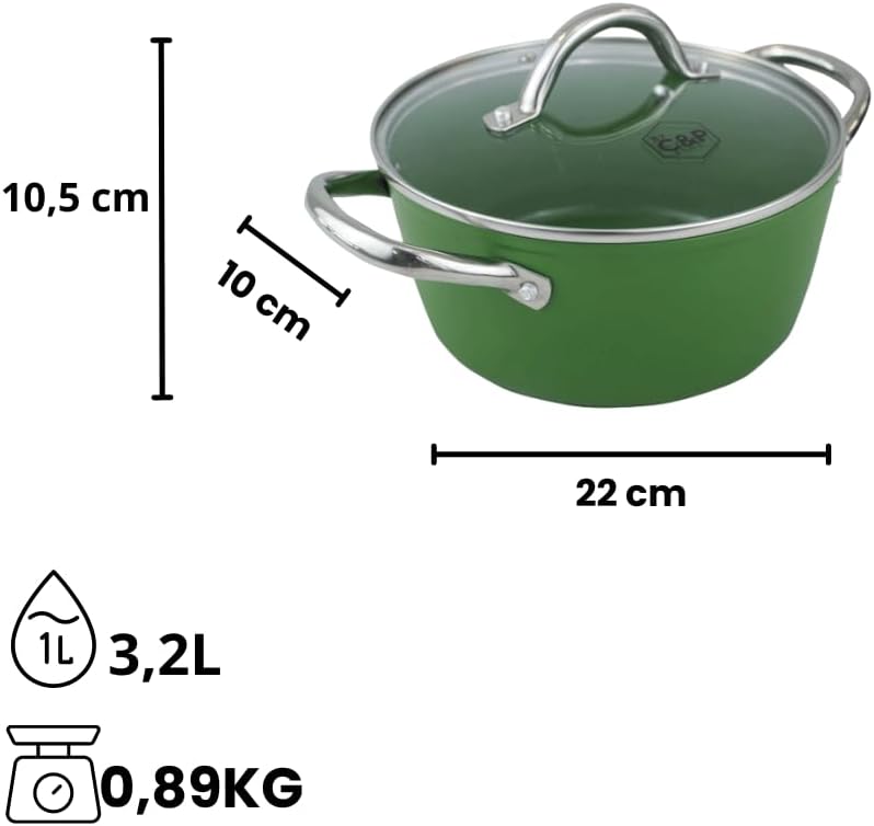 Cook & Pan - Go Green Kochtopf mit Deckel 22 cm-Induktionsgeeignet-PFAS frei Keramik-Beschichtung -A