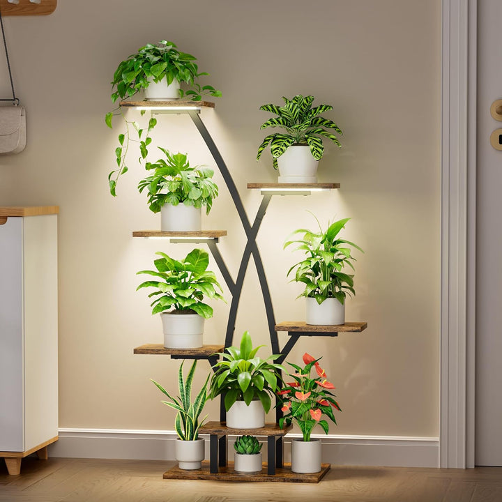 BACEKOLL Pflanzenständer mit Wachstumslicht - 7 Ebenen Blumenständer 105cm Metall Holz Pflanzenregal