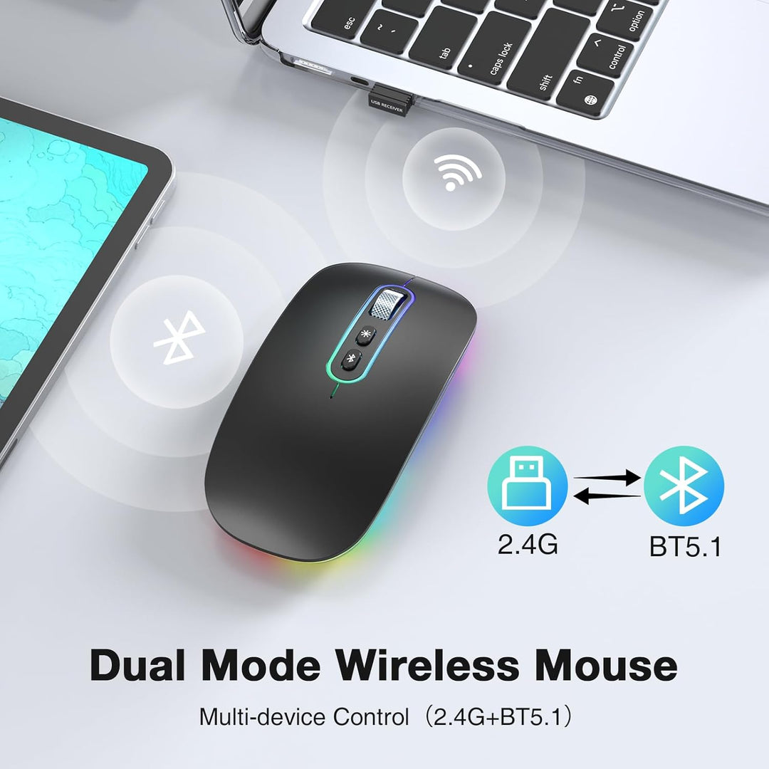RaceGT Maus Aufladbar Kabellos Bluetooth 5.1 + USB 2,4 GHz LED Mouse Wireless Ergonomic Leise klick