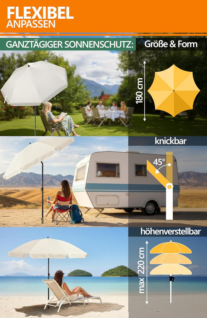 4smile SunnyJoy Sonnenschirm Strand 180 cm, Strandschirm windfest stabil in Beige, inkl. Rasendorn S