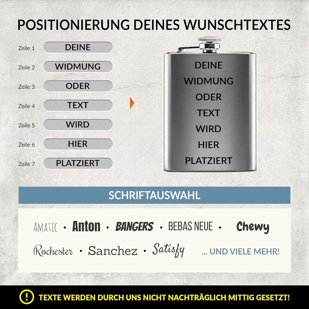 Flachmann mit Gravur aus Edelstahl selbst gestalten - mit Wunschtext gravieren - Geschenkidee für Fr