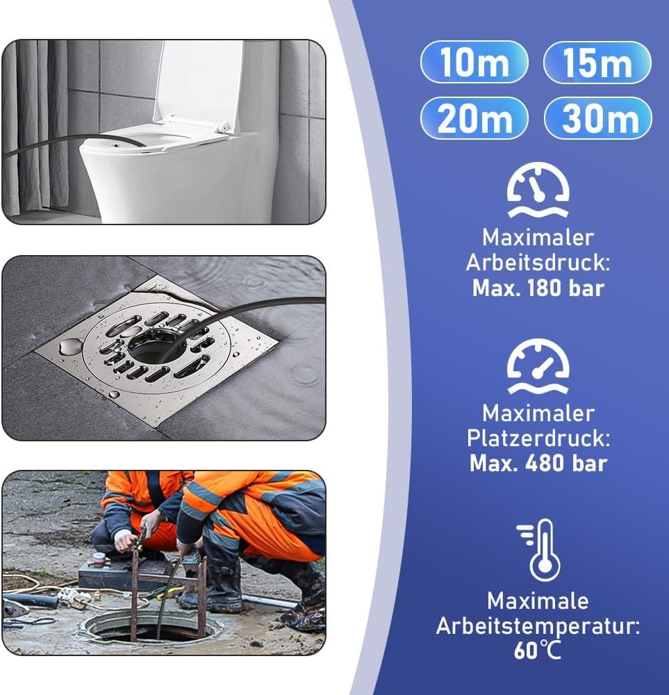 10m Rohrreinigungsschlauch Set, 180 bar, inkl. Tasche mit M22 Adapter, universal Rohrreinigungsset,