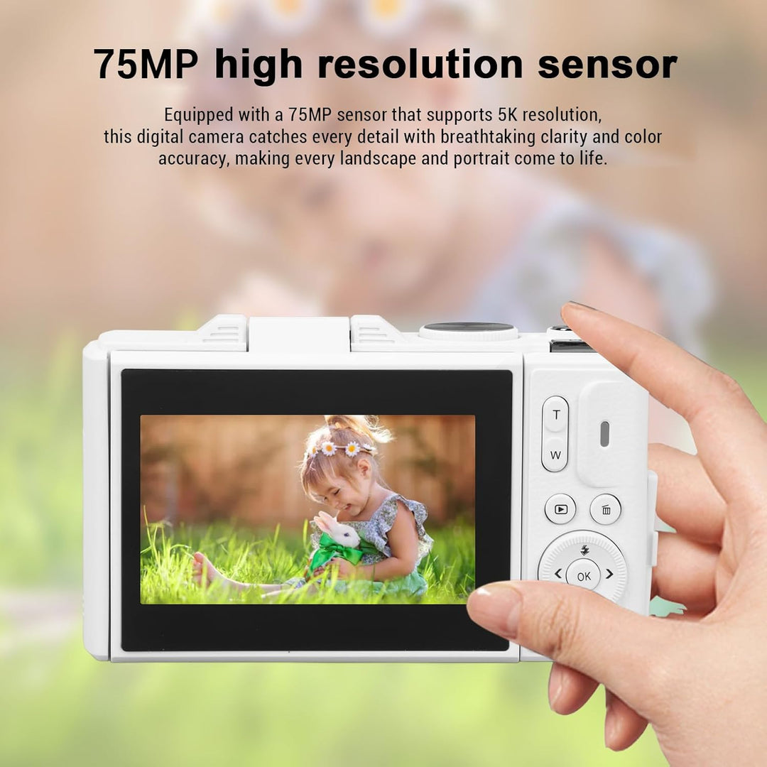 5K 75MP Digitalkamera mit 18 facher Optischer Zoomstabilisierung, 3 Zoll Flip Bildschirm, Retro Digi