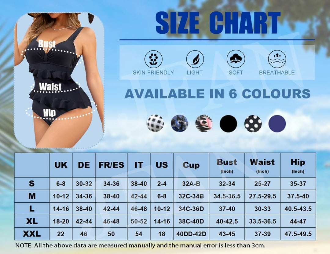 JFAN Badeanzug Damen mit Doppelter Rüsche Push Up Badeanzug Damen Bauchweg mit Bügel XL Kariert, XL