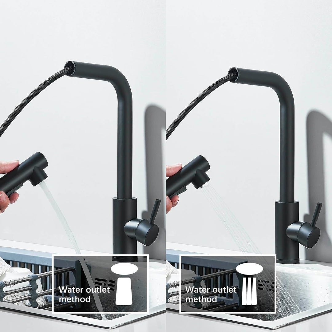 Küchenarmatur Schwarz Matt, Hochdruck Armatur mit Ausziehbar Brause, 360° Schwenkbar &amp; 2 Strahlarten