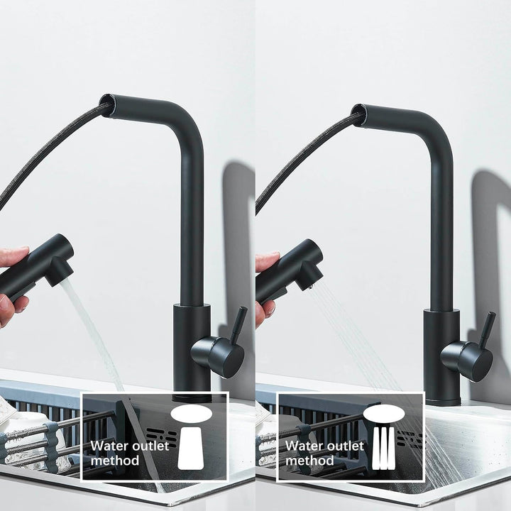 Küchenarmatur Schwarz Matt, Hochdruck Armatur mit Ausziehbar Brause, 360° Schwenkbar &amp; 2 Strahlarten