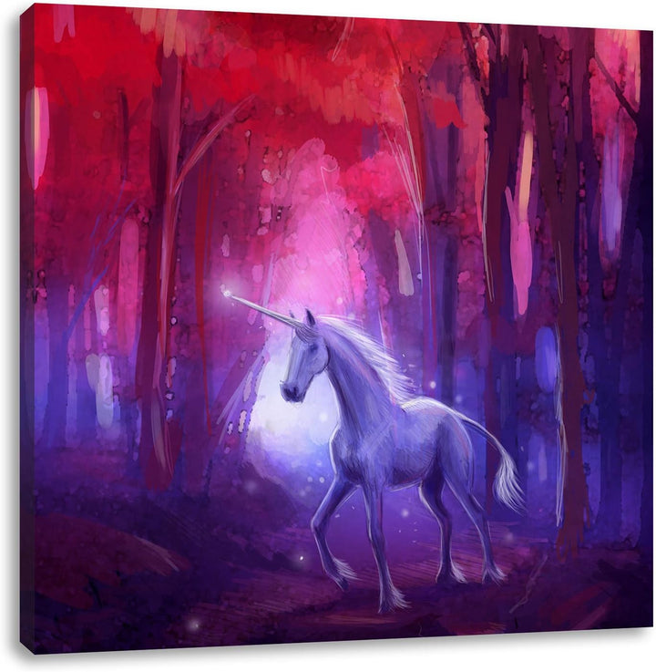 Einhorn im Zauberwald, Format: 70x70 auf Leinwand, XXL riesige Bilder fertig gerahmt mit Keilrahmen,
