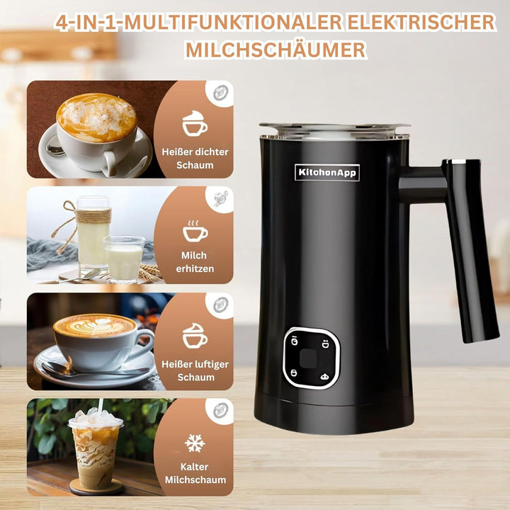KitchenApp 4-in-1 Elektrischer Milchaufschäumer | Heisses und kaltes Aufschäumen, Milch- und Schokol