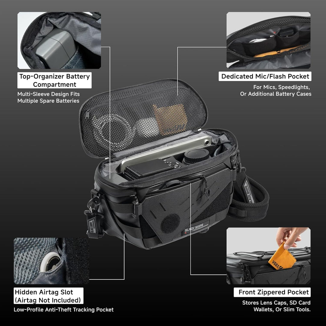 VSGO Black Snipe Pro 7-9L Erweiterbare Kameratasche – Wasserabweisender Techwear-Stoff, Anti-Drehung