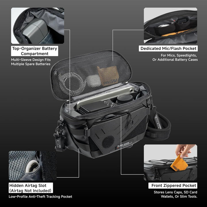 VSGO Black Snipe Pro 7-9L Erweiterbare Kameratasche – Wasserabweisender Techwear-Stoff, Anti-Drehung