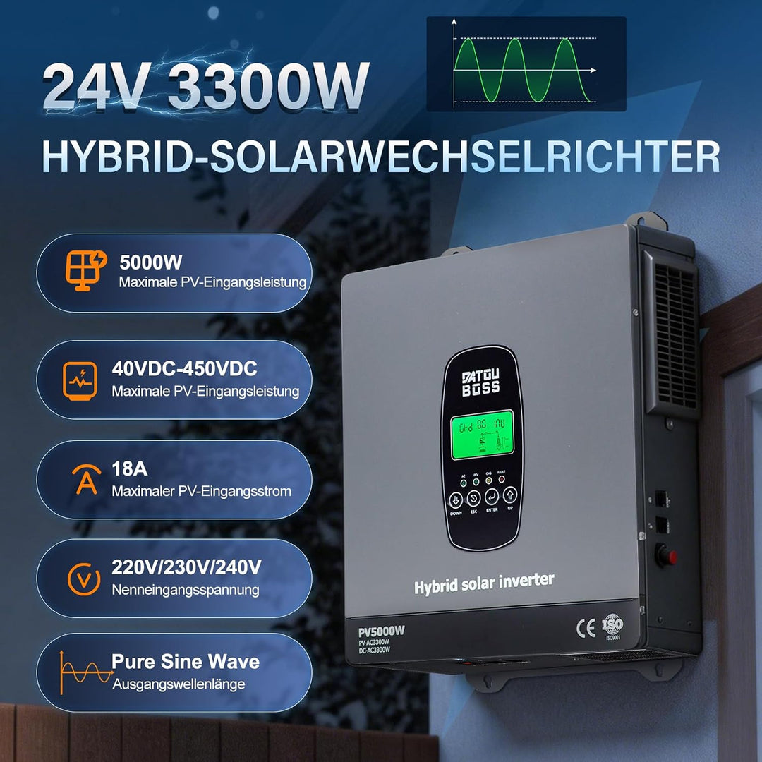 DATOUBOSS 3300W Hybrid Solar Wechselrichter 24V Reiner Sinus, DC 24V auf 220V/230V AC mit MPPT Solar