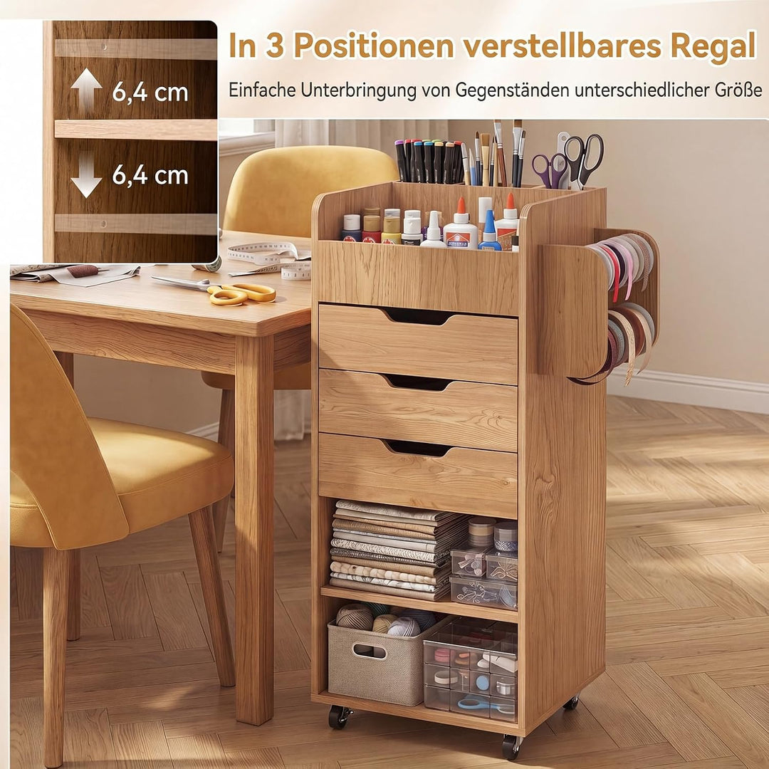 COSTWAY Rollcontainer mit 3 Schubladen, Rollwagen auf Rollen (Natur) | Bastelwagen mit 2 Rollstangen
