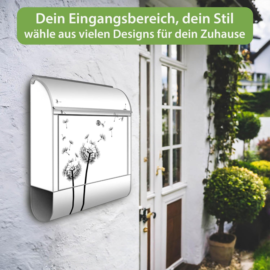 banjado® Design Briefkasten mit Motiv Pusteblume 2 39x47x14cm &amp; 2 Schlüssel - Briefkasten Stahl Silb