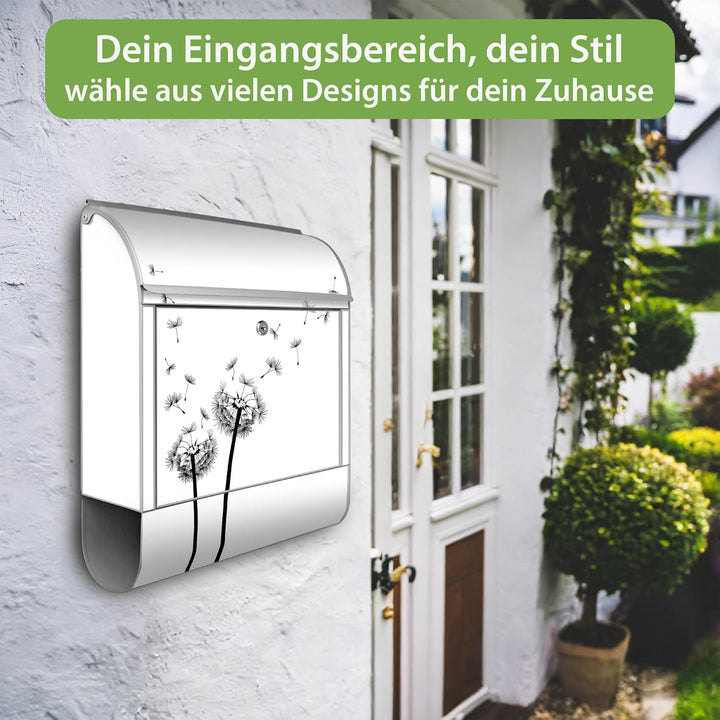 banjado® Design Briefkasten mit Motiv Pusteblume 2 39x47x14cm &amp; 2 Schlüssel - Briefkasten Stahl Silb