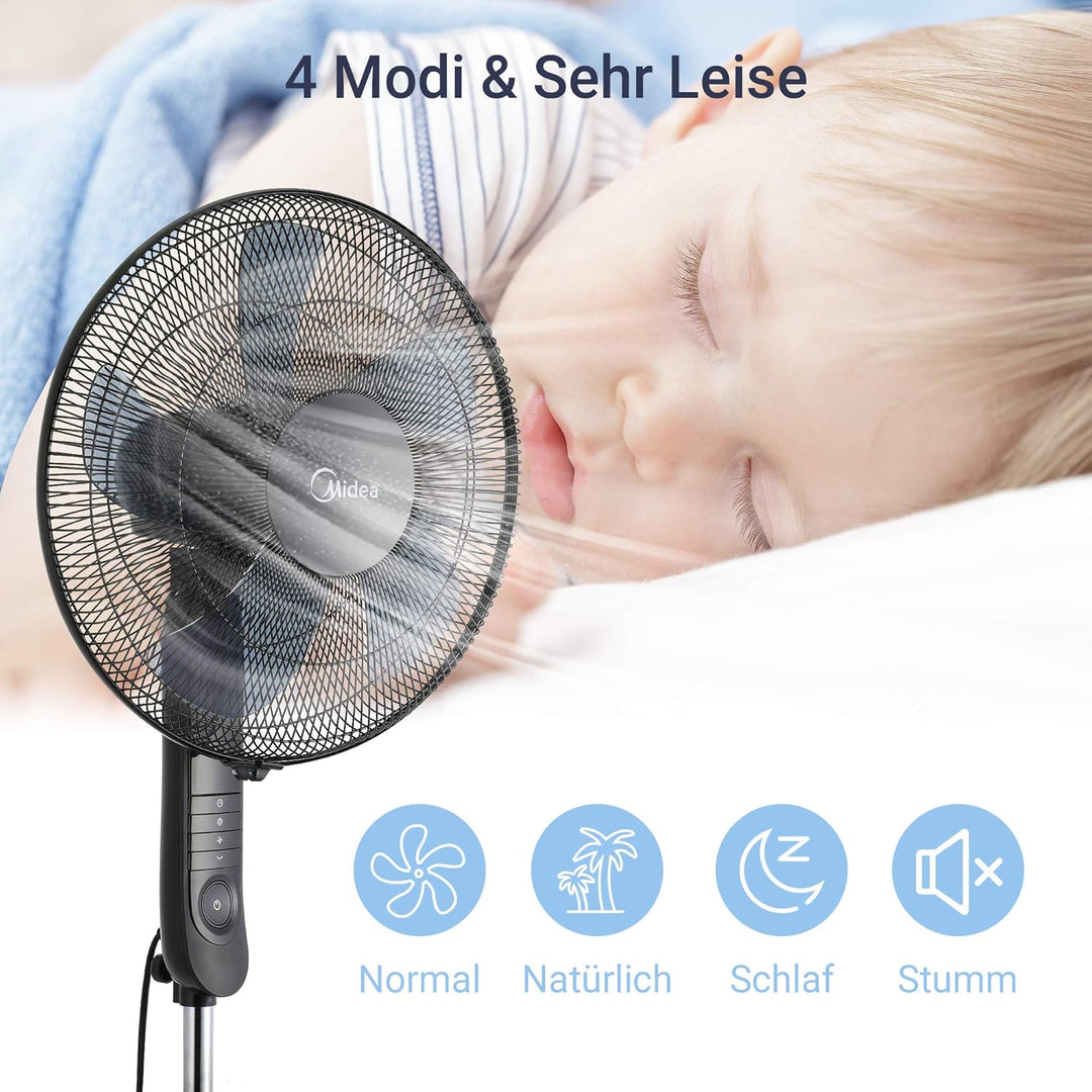 Midea FS40-15FR Standventilator Leise mit Fernbedienung,3 Geschwindigkeitsstufen,LED Anzeige, 7,5H T
