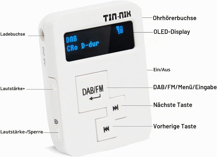 Tin-Nik DAB-398SD tragbares DAB/DAB+/UKW-Radio, digitales Taschen-RDS UKW-Mini-Radio mit wiederaufla