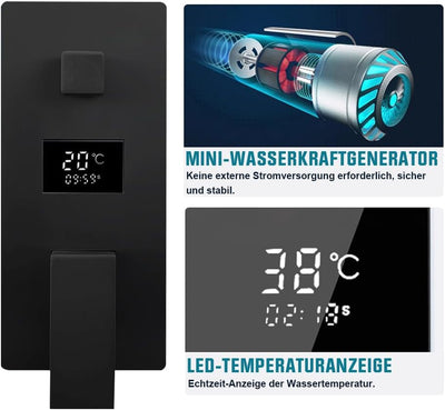 Duschsystem Schwarz Unterputz Duscharmatur Set inkl.30X30cm Kopfbrause, Duschsystem mit Temperatur L