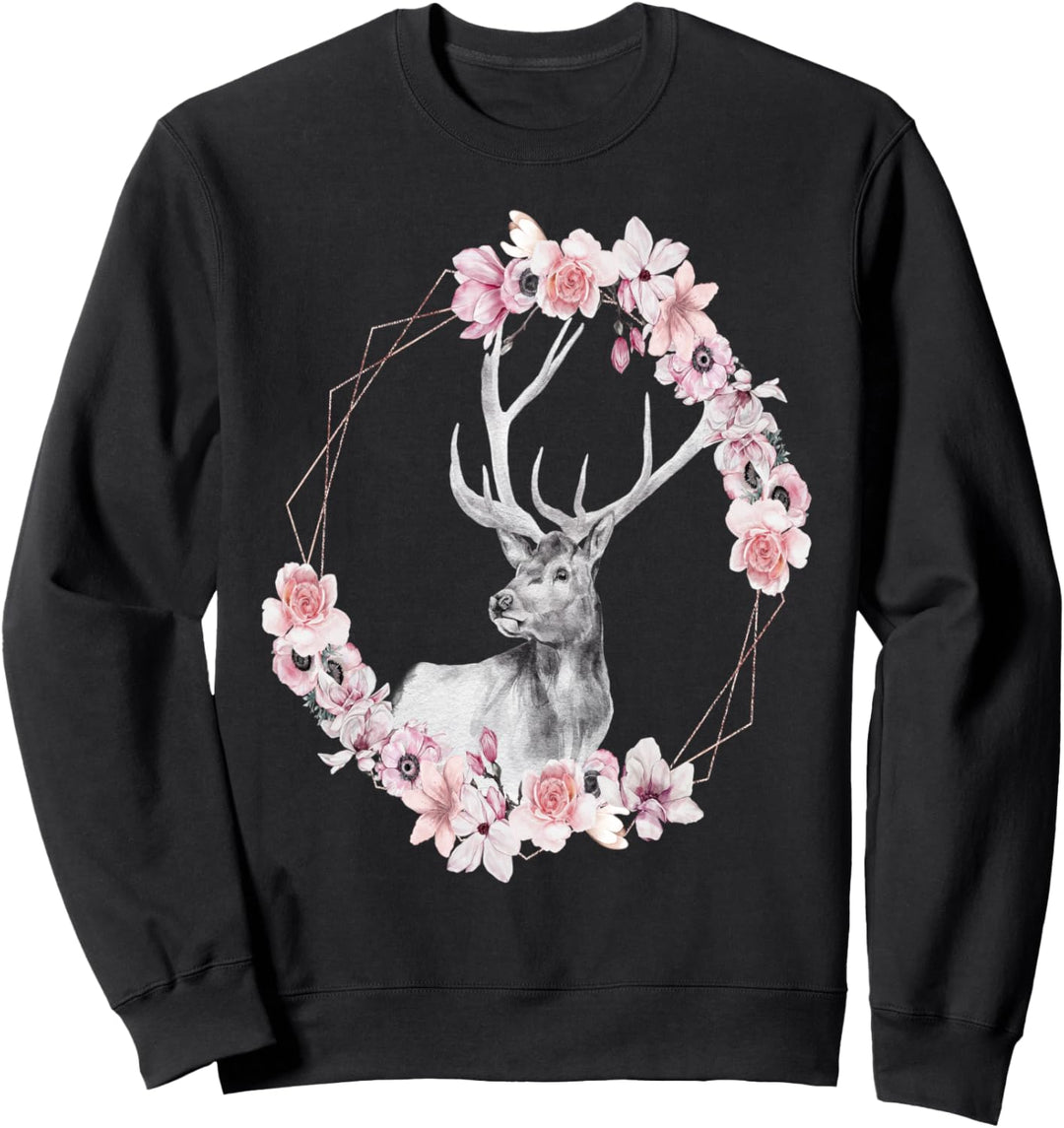 Hirschgeweih Blumenrahmen Aquarell Schwarz Sweatshirt