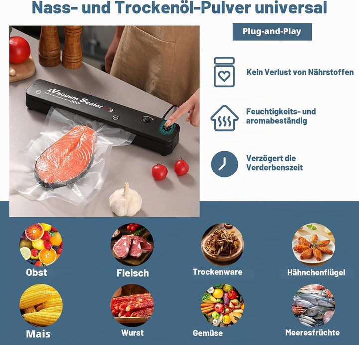 Vakuumierer, Lebensmittel bleiben vakuumiert bis zu 8x Länger Frisch, Folienschweissgerät für Trocke
