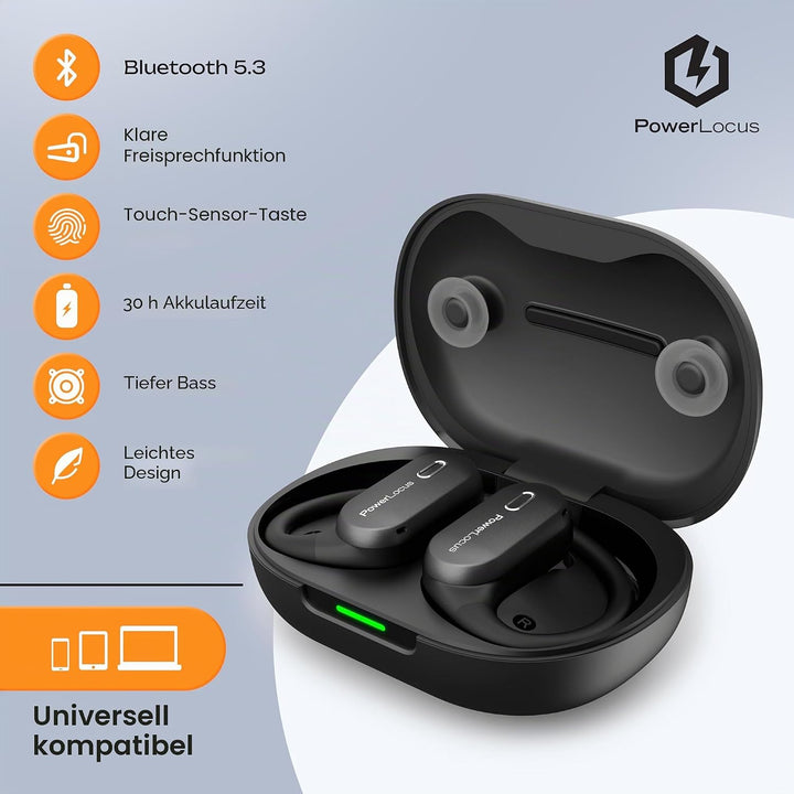 PowerLocus Kabellose Sport-Kopfhörer, Open-Ear Kopfhörer mit flexiblem Ohrbügel, Stereo-Sound, wasse
