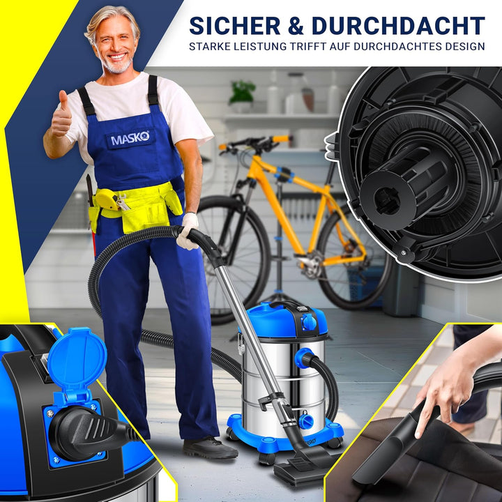 MASKO® Industriestaubsauger Staubsauger Nass Trocken Sauger Edelstahl 2300W + Steckdose | Blasfunkti