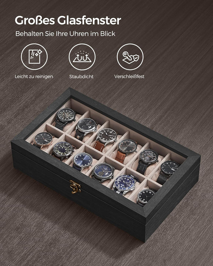 SONGMICS Uhrenbox mit 12 Fächern, Uhrenkasten aus Massivholz, mit Glasdeckel, Uhrenkissen, Geschenk