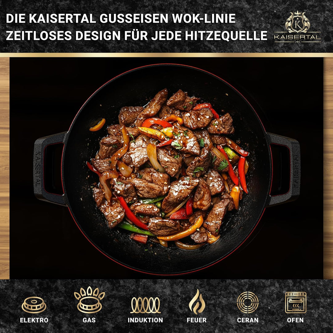 KAISERTAL® Gusseisen Wokpfanne Induktion | 32cm Ø Wokpfanne ohne Deckel | Wok mit Flachboden | Vorei