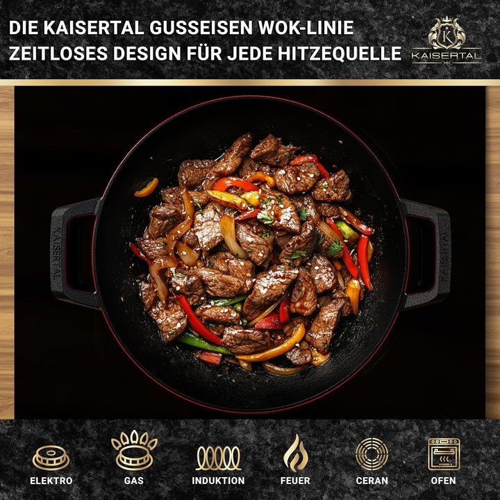 KAISERTAL® Gusseisen Wokpfanne Induktion | 32cm Ø Wokpfanne ohne Deckel | Wok mit Flachboden | Vorei