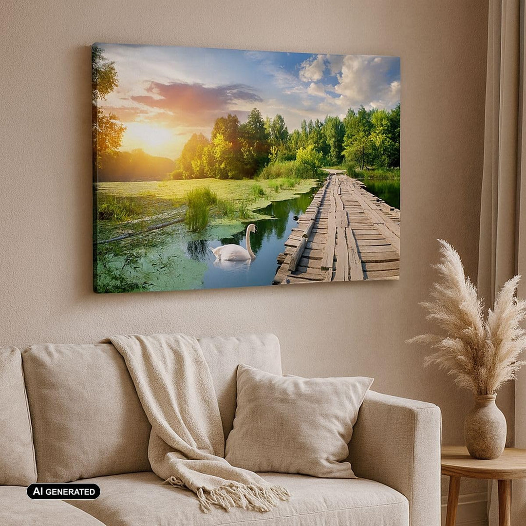 Bilder auf Leinwand 100x70cm Leinwandbild Architektur Promenade Schwan Landschaft Gross Wanddeko Bil